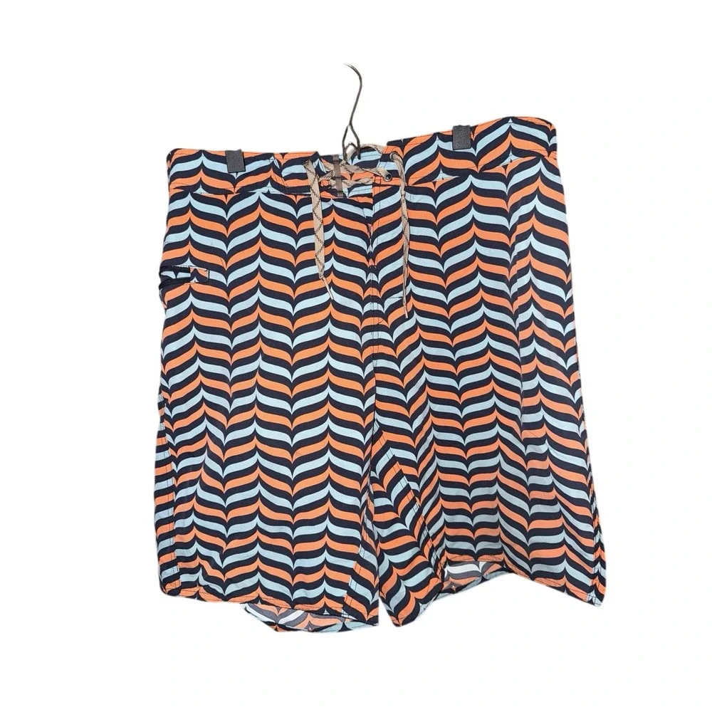 Patagonia Board‎ Shorts 35 Orange Blue Geometric Wave Print Swim Trunks Pockets